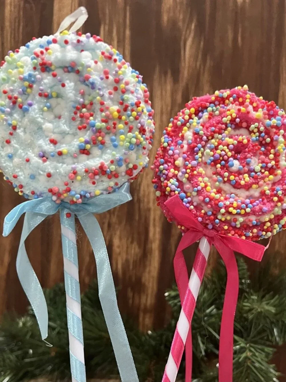Sprinkled Lollipop Pick, Light Blue or Fuchsia Christmas Ornament Holiday Decor
